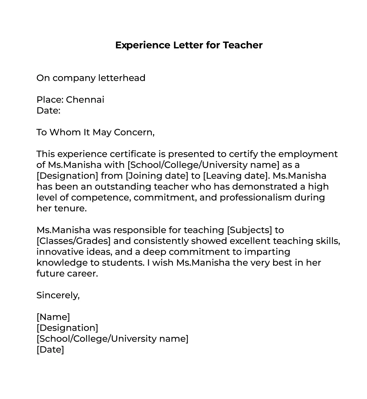 template for experience certificate