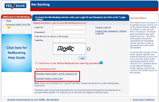 Yes Bank Net Banking Registration Using Debit Credit Cards