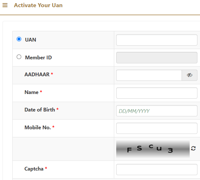 UAN, PF सदस्य आयडी, आधार, नाव, जन्मतारीख, मोबाईल क्रमांक आणि कॅप्चा अपडेट करून UAN सक्रिय करणे